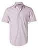 A short-sleeve, button-up shirt in light purple featuring a single chest pocket and a logo on the collar.