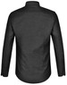 A black pin dot long-sleeve shirt with a button-up collar and a branded logo on the back.