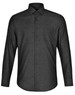 A black men's long-sleeve button-up shirt with a pin dot pattern and a chest pocket. It features a logo on the label.