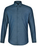 Men's long-sleeve button-up shirt in dark blue with a pin dot pattern and a single chest pocket. Features a logo on the collar.