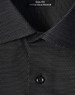A black slim fit button-up shirt with a pin dot pattern and a collar, featuring a logo tag inside.