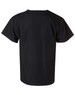 A black unisex short sleeve tunic top with a simple design and a logo on the back.