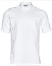 A short sleeve jacket in white with stud detail along one side and a chest pocket. It features branding on the collar.