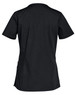 A black women's scrub top with short sleeves and a fitted design, featuring a logo on the back.