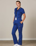 A solid blue short-sleeve scrub top featuring a logo and paired with matching scrub pants.