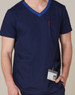 Men's navy scrub top featuring a contrast blue neckline and pocket, with an attached ID badge.