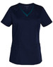 A navy blue ladies' scrub top featuring a V-neck and contrast colour detailing, with two pockets and a logo.