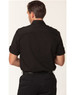 A men's short sleeve military shirt in black, featuring a button-up design and rolled sleeves. It has a logo.