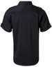 A black short sleeve military-style shirt, featuring a button-up design and rolled sleeves. It has a logo on it.