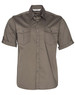 A short sleeve military shirt in olive green with two chest pockets and a button-up front. Features a logo on the label.