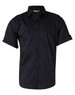 A black men's short sleeve military shirt with button-up front and two chest pockets, featuring rolled-up sleeves.