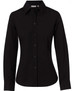A black women's long-sleeve button-up shirt made from cotton and poly stretch fabric, featuring a sleek design and a logo.