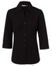 A black women's cotton/poly stretch 3/4 sleeve button-up shirt featuring a classic collar and a logo.