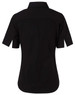 A black women's short-sleeved button-up shirt with a standard collar and a logo.