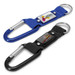 Two carabiner key rings in blue and black, featuring attachment loops and logos on fabric bands. Two carabiner key rings in blue and black, featuring attachment loops and logos on fabric bands.