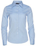A light blue women's CVC Oxford long-sleeve shirt with a button-up front and a collar, featuring a logo.