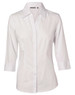 A white women's cotton/poly stretch 3/4 sleeve button-up shirt with a collar and a logo.