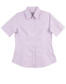 A light purple women's button-up shirt with short sleeves and a collar, featuring a logo.
