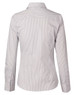 A women's long-sleeve button-up shirt featuring a grey and white ticking stripe pattern, with a collared neck and back yoke.