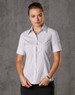 A women's short-sleeve button-up shirt in white with blue ticking stripes, featuring a collared neckline and fitted design.