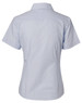 A light blue short-sleeve button-up shirt with fine stripes. The back features a classic collar and has a logo.