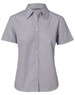 A women's short-sleeve button-up shirt featuring fine stripes in grey with a collar and buttons down the front.