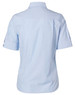 A light blue women's pinstripe short sleeve button-up shirt with a back view and decorative buttons on the sleeves.