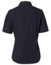 A navy women's pin stripe short sleeve button-up shirt with rolled cuffs. The back design features subtle pinstripes and a collar.