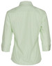 A green and white striped women's button-up shirt with 3/4 sleeves and a collar, featuring a logo.