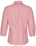 A women's 3/4 sleeve button-up shirt featuring red and white stripes, with a classic collar and a logo.