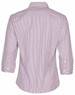A women's button-up shirt featuring red and white stripes with 3/4 sleeves and a collar, displaying a plain back view.