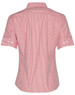A short-sleeve women's button-up shirt featuring red and white stripes, with a back view showcasing the design.