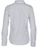 A back view of a women's long-sleeve button-up shirt featuring a blue and white sateen stripe pattern.