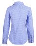 A blue and white check long-sleeve button-up shirt, featuring a fitted design and a collar. It has a logo on the fabric.