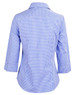 A blue and white check 3/4 sleeve button-up shirt with a stylish back design. Features a logo on the fabric.
