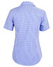 A short-sleeve women's button-up shirt featuring a blue and white check pattern, with a logo on the back.