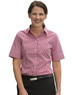 A short-sleeved women's button-up shirt featuring a red and white gingham check pattern. The shirt has a collar and a logo.
