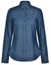 A long-sleeved, button-up shirt in dark blue with a pin dot pattern and a collar. It features a logo on the label.