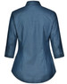 A women's button-up shirt in a blue pin dot pattern, featuring a 3/4 sleeve and a curved hem. It has a logo.