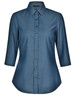 A blue ladies' button-up shirt featuring a pin dot design and 3/4 sleeves, with a collar and a logo.