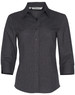 A dark grey women's 3/4 sleeve shirt with a collared neck and button front, featuring a logo on the label.