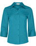 A turquoise women's 3/4 sleeve shirt with a button-up front and a collared neckline, featuring a logo.