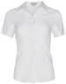 A white short sleeve shirt with a button-up front and a collar, featuring a logo on the fabric.