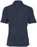 A navy short sleeve overblouse with a structured collar and a plain back design, featuring a branding logo.