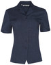 A navy short sleeve overblouse with a button-up front and a collar, featuring a logo.