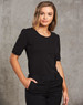 A black Women's Scoop Neck T-Top with short sleeves, featuring a fitted design and subtle puffed sleeves.