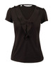 A black women's blouse featuring a ruffled front and a V-neckline. The shirt has short sleeves and a fitted silhouette.