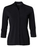 A black mid sleeve knit top with a wrap-style front and a subtle collar, featuring a logo at the neck.