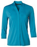 A turquoise mid sleeve knit top featuring a shawl collar and a branded tag.