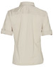 A beige women's short sleeve military shirt with a button-up design and rolled sleeves, featuring a logo.